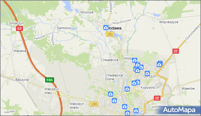 mapa Chwalęcice gmina Kłodawa, Chwalęcice gmina Kłodawa na mapie Targeo