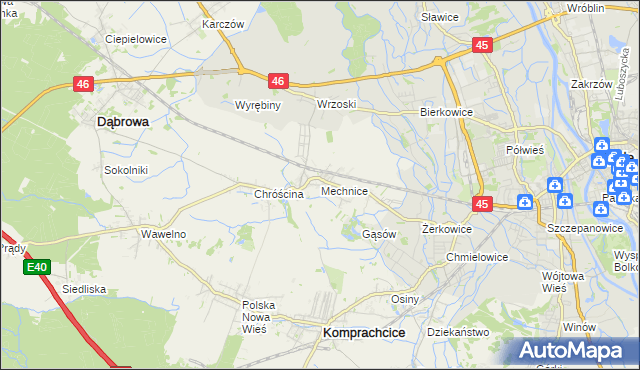 mapa Mechnice gmina Dąbrowa, Mechnice gmina Dąbrowa na mapie Targeo