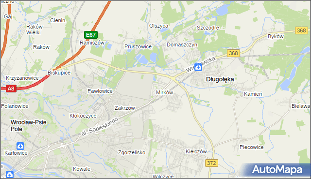 mapa Mirków gmina Długołęka, Mirków gmina Długołęka na mapie Targeo