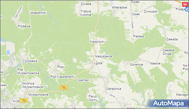 mapa Niesułowice gmina Olkusz, Niesułowice gmina Olkusz na mapie Targeo