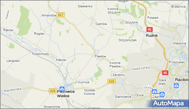 mapa Pawłów gmina Pietrowice Wielkie, Pawłów gmina Pietrowice Wielkie na mapie Targeo