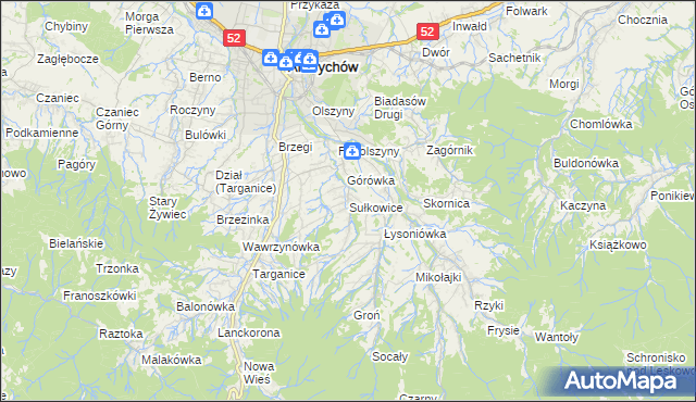 mapa Sułkowice gmina Andrychów, Sułkowice gmina Andrychów na mapie Targeo