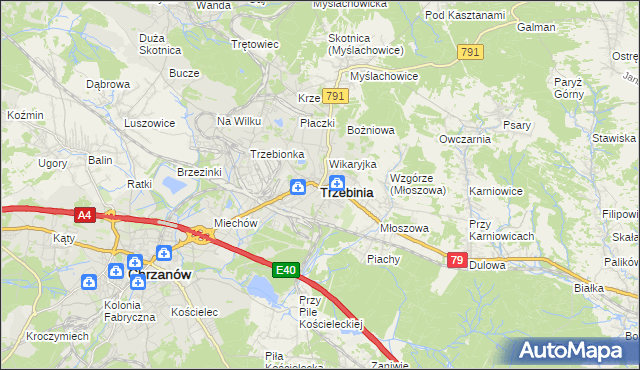 mapa Trzebinia powiat chrzanowski, Trzebinia powiat chrzanowski na mapie Targeo