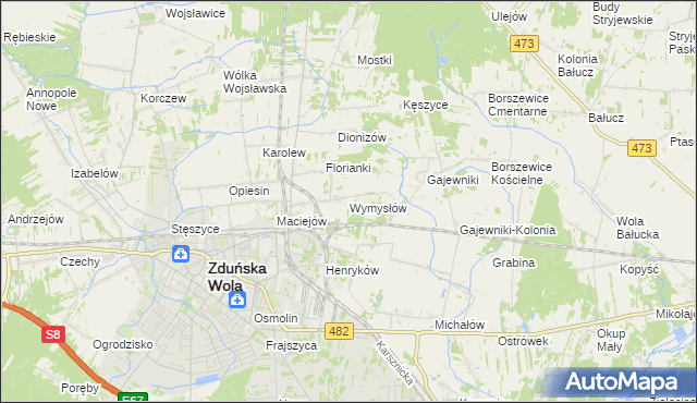 mapa Wymysłów gmina Zduńska Wola, Wymysłów gmina Zduńska Wola na mapie Targeo