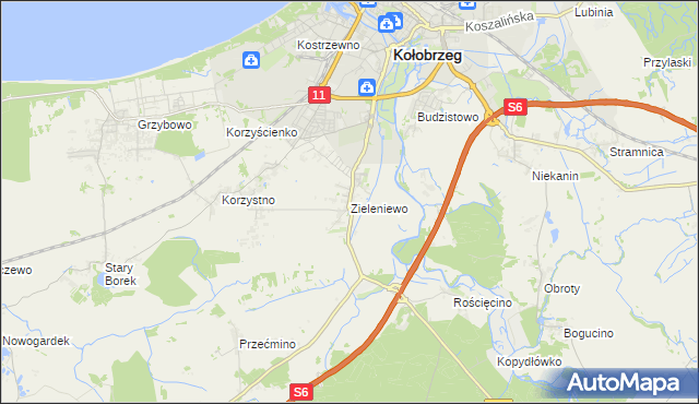 mapa Zieleniewo gmina Kołobrzeg, Zieleniewo gmina Kołobrzeg na mapie Targeo