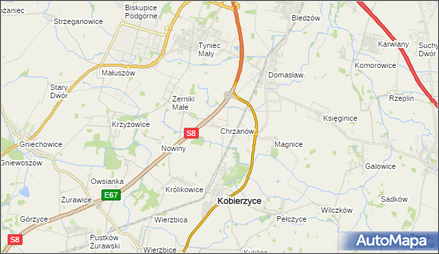 mapa Chrzanów gmina Kobierzyce, Chrzanów gmina Kobierzyce na mapie Targeo