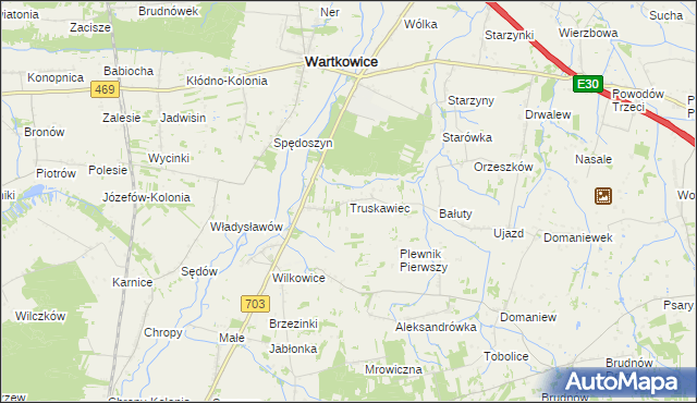 mapa Truskawiec gmina Wartkowice, Truskawiec gmina Wartkowice na mapie Targeo