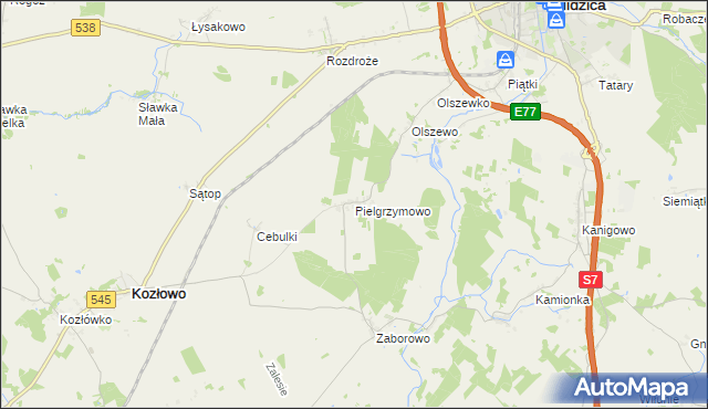 mapa Pielgrzymowo gmina Kozłowo, Pielgrzymowo gmina Kozłowo na mapie Targeo