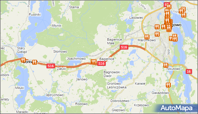 mapa Bagienice gmina Mrągowo, Bagienice gmina Mrągowo na mapie Targeo