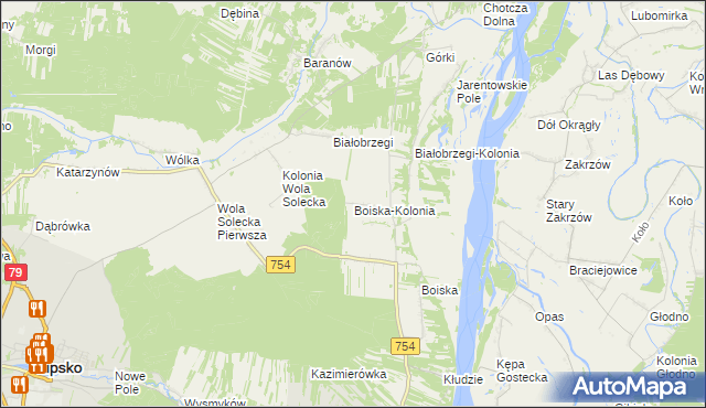 mapa Boiska-Kolonia gmina Solec nad Wisłą, Boiska-Kolonia gmina Solec nad Wisłą na mapie Targeo