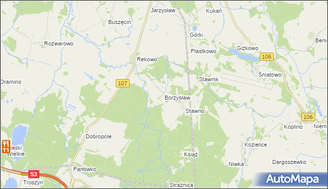 mapa Borzysław gmina Kamień Pomorski, Borzysław gmina Kamień Pomorski na mapie Targeo