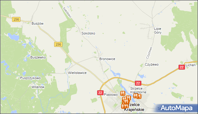 mapa Bronowice gmina Strzelce Krajeńskie, Bronowice gmina Strzelce Krajeńskie na mapie Targeo