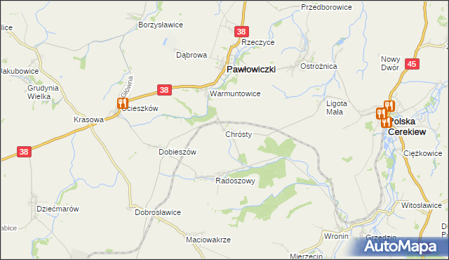mapa Chrósty gmina Pawłowiczki, Chrósty gmina Pawłowiczki na mapie Targeo