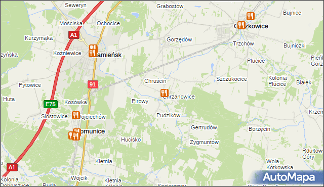 mapa Chrzanowice gmina Gomunice, Chrzanowice gmina Gomunice na mapie Targeo