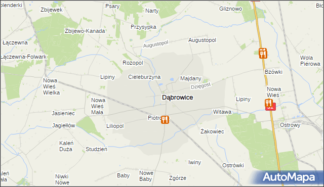 mapa Dąbrowice powiat kutnowski, Dąbrowice powiat kutnowski na mapie Targeo