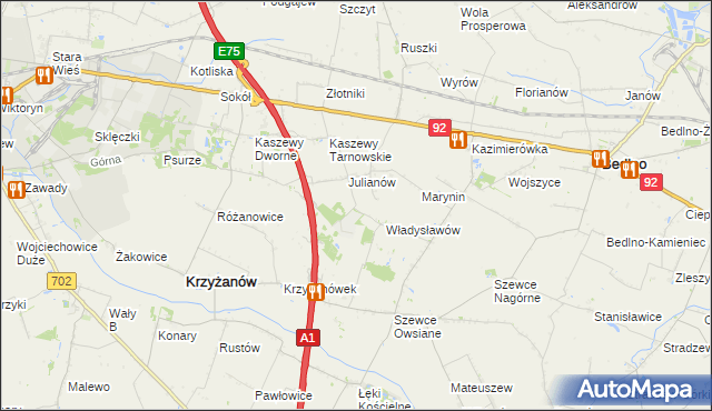 mapa Daninów gmina Krzyżanów, Daninów gmina Krzyżanów na mapie Targeo