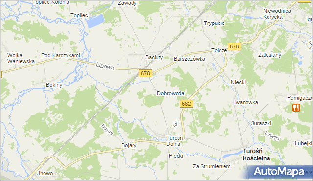 mapa Dobrowoda gmina Turośń Kościelna, Dobrowoda gmina Turośń Kościelna na mapie Targeo