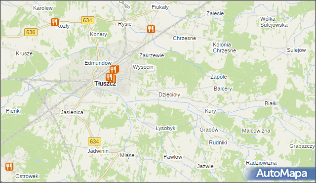 mapa Dzięcioły gmina Tłuszcz, Dzięcioły gmina Tłuszcz na mapie Targeo