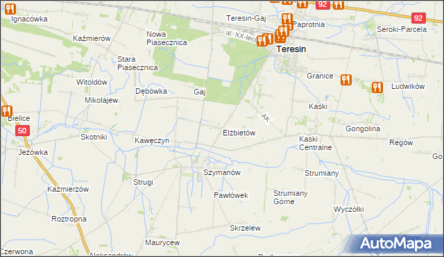 mapa Elżbietów gmina Teresin, Elżbietów gmina Teresin na mapie Targeo