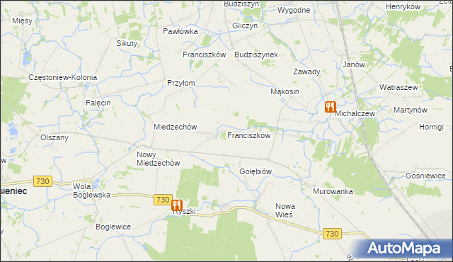 mapa Franciszków gmina Jasieniec, Franciszków gmina Jasieniec na mapie Targeo