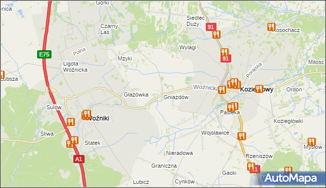 mapa Gniazdów gmina Koziegłowy, Gniazdów gmina Koziegłowy na mapie Targeo