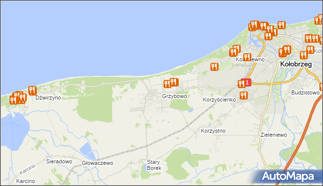 mapa Grzybowo gmina Kołobrzeg, Grzybowo gmina Kołobrzeg na mapie Targeo