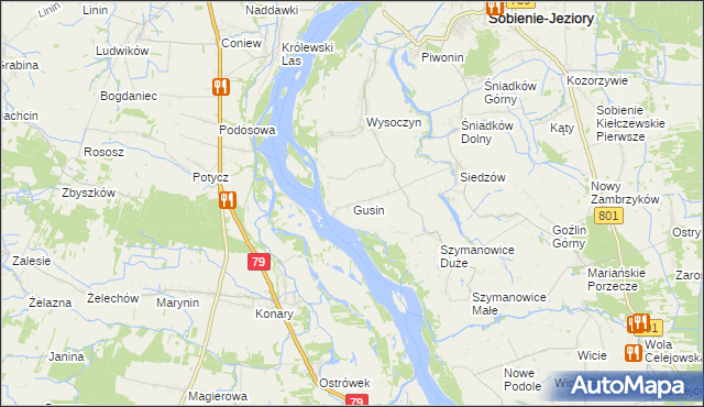 mapa Gusin gmina Sobienie-Jeziory, Gusin gmina Sobienie-Jeziory na mapie Targeo