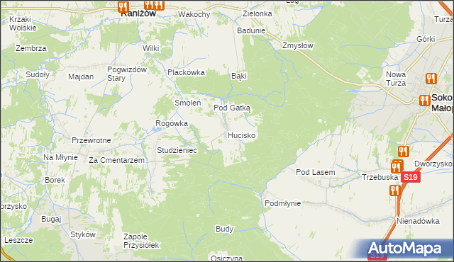 mapa Hucisko gmina Głogów Małopolski, Hucisko gmina Głogów Małopolski na mapie Targeo