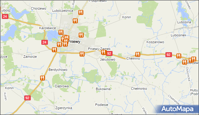 mapa Jakubowo gmina Pniewy, Jakubowo gmina Pniewy na mapie Targeo