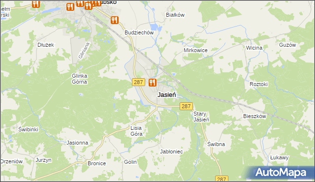 mapa Jasień powiat żarski, Jasień powiat żarski na mapie Targeo