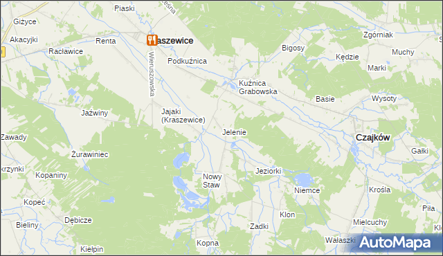 mapa Jelenie gmina Kraszewice, Jelenie gmina Kraszewice na mapie Targeo