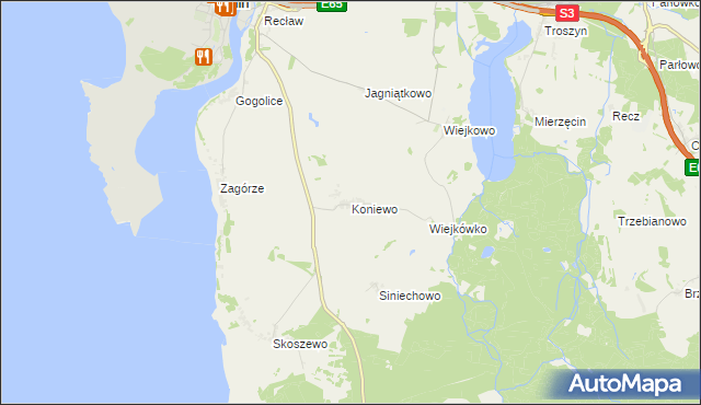 mapa Koniewo gmina Wolin, Koniewo gmina Wolin na mapie Targeo