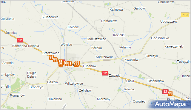 mapa Kostrzewice, Kostrzewice na mapie Targeo