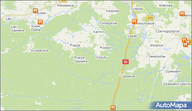 mapa Kozuby gmina Milicz, Kozuby gmina Milicz na mapie Targeo
