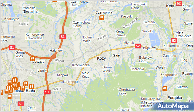 mapa Kozy powiat bielski, Kozy powiat bielski na mapie Targeo