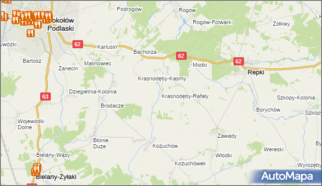 mapa Krasnodęby-Rafały, Krasnodęby-Rafały na mapie Targeo