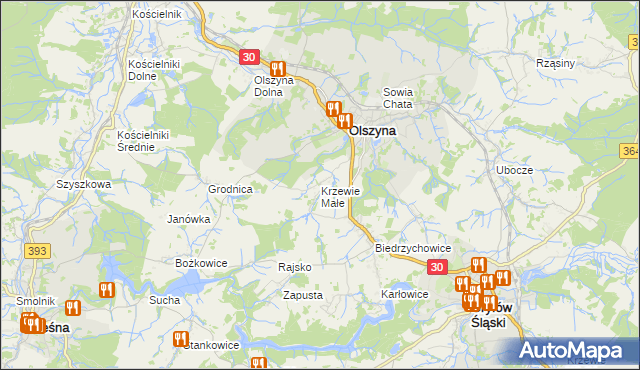 mapa Krzewie Małe, Krzewie Małe na mapie Targeo