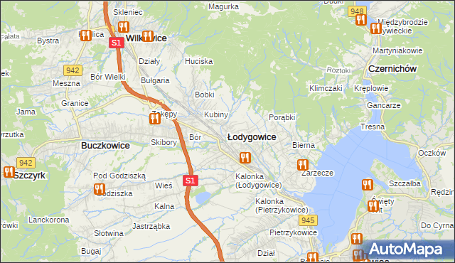 mapa Łodygowice powiat żywiecki, Łodygowice powiat żywiecki na mapie Targeo