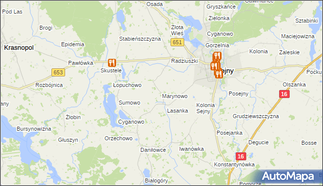 mapa Marynowo gmina Sejny, Marynowo gmina Sejny na mapie Targeo