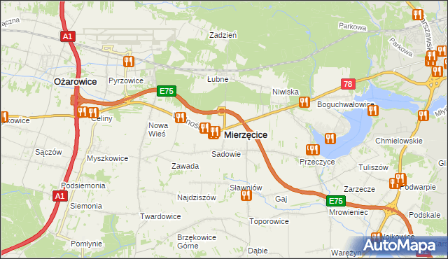 mapa Mierzęcice, Mierzęcice na mapie Targeo
