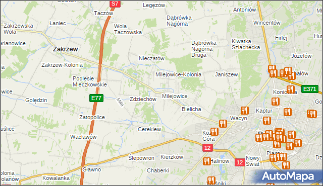 mapa Milejowice gmina Zakrzew, Milejowice gmina Zakrzew na mapie Targeo