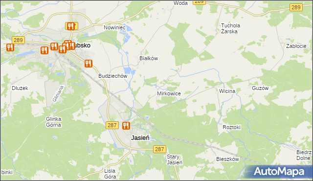 mapa Mirkowice gmina Jasień, Mirkowice gmina Jasień na mapie Targeo