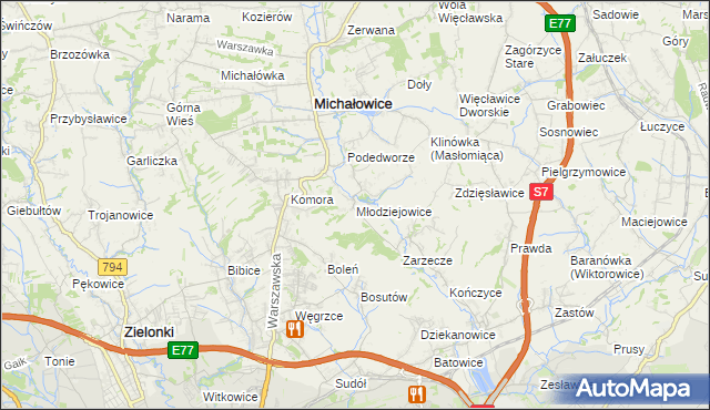 mapa Młodziejowice gmina Michałowice, Młodziejowice gmina Michałowice na mapie Targeo