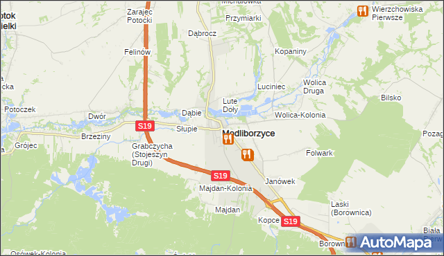 mapa Modliborzyce powiat janowski, Modliborzyce powiat janowski na mapie Targeo