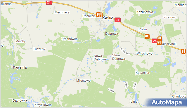 mapa Nowa Dąbrowa gmina Kwilcz, Nowa Dąbrowa gmina Kwilcz na mapie Targeo