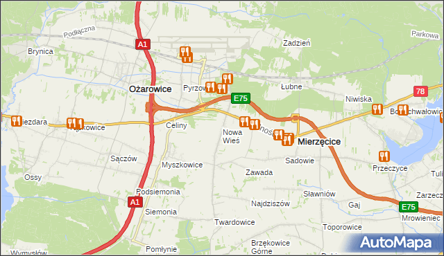 mapa Nowa Wieś gmina Mierzęcice, Nowa Wieś gmina Mierzęcice na mapie Targeo