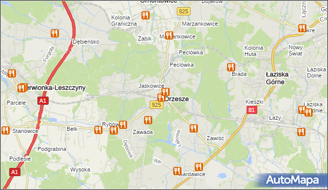 mapa Orzesze powiat mikołowski, Orzesze powiat mikołowski na mapie Targeo