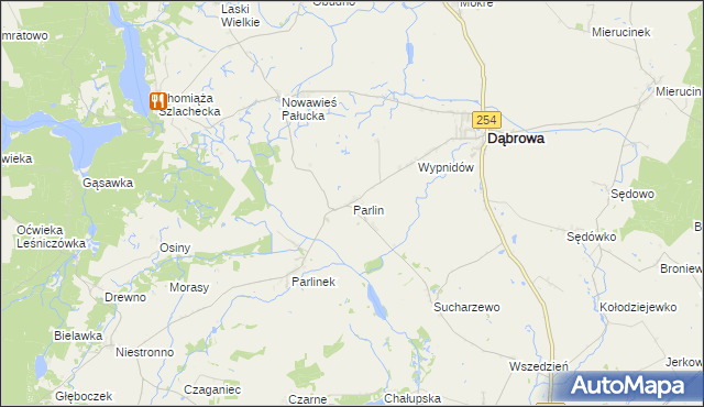 mapa Parlin gmina Dąbrowa, Parlin gmina Dąbrowa na mapie Targeo
