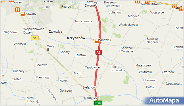 mapa Pawłowice gmina Krzyżanów, Pawłowice gmina Krzyżanów na mapie Targeo