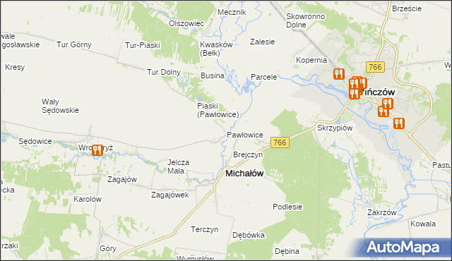 mapa Pawłowice gmina Michałów, Pawłowice gmina Michałów na mapie Targeo